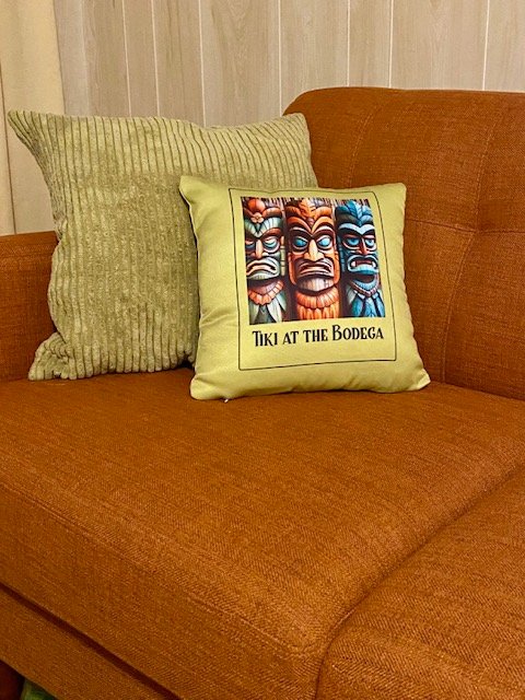 Tiki Pillow sitting pretty on the couch